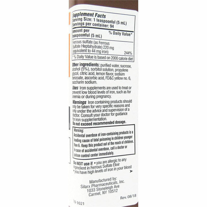 Ferrous Sulfate Elixir 220 Mg Iron Supplements by Silarx Laboratories - 16 Oz