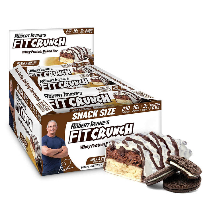 FITCRUNCH Snack Size Protein Bars, Designed by Robert Irvine, Worldâ€™s Only 6-Layer Baked Bar, Just 3g of Sugar & Soft Cake Core (9 Count, Milk & Cookies)