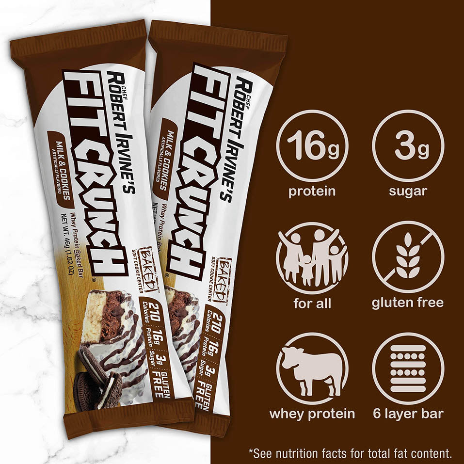 FITCRUNCH Snack Size Protein Bars, Designed by Robert Irvine, Worldâ€™s Only 6-Layer Baked Bar, Just 3g of Sugar & Soft Cake Core (9 Count, Milk & Cookies)