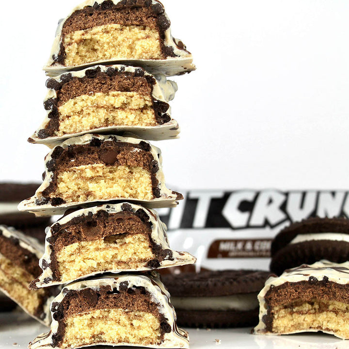 FITCRUNCH Snack Size Protein Bars, Designed by Robert Irvine, Worldâ€™s Only 6-Layer Baked Bar, Just 3g of Sugar & Soft Cake Core (9 Count, Milk & Cookies)