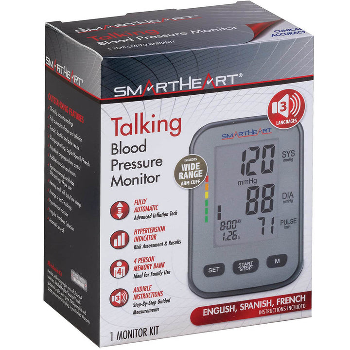 SmartHeart Blood Pressure Monitor | Wide-Range Upper Arm Cuff | Talking Trilingual Audible Instructions and Results | 4-Person Memory