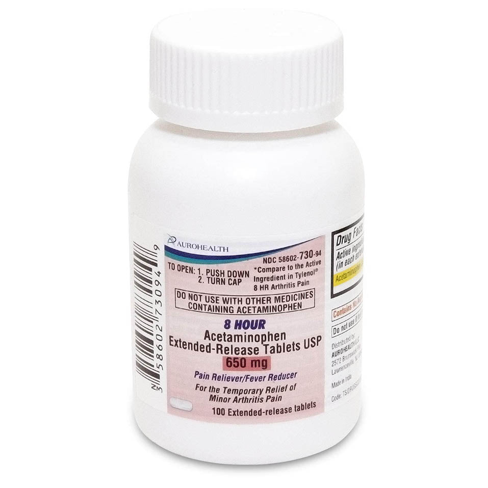 Aurohealth Acetaminophen Extended-Release Tablets, 650 mg, Fever Reducer & Pain Medicine for Muscles, Joints, Body, and Backache Pain Relief, 100 Count