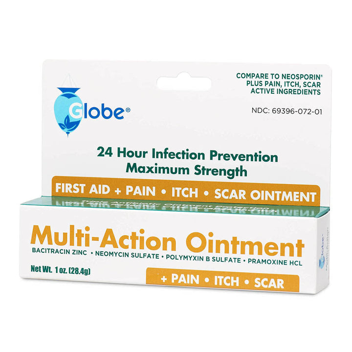 Globe Pain, Itch & Scar First Aid Antibiotic Ointment, (1 oz) Triple Antibiotic Anti-Itch, Scar Minimizer, for Minor Cuts, Scrapes, and Burns.