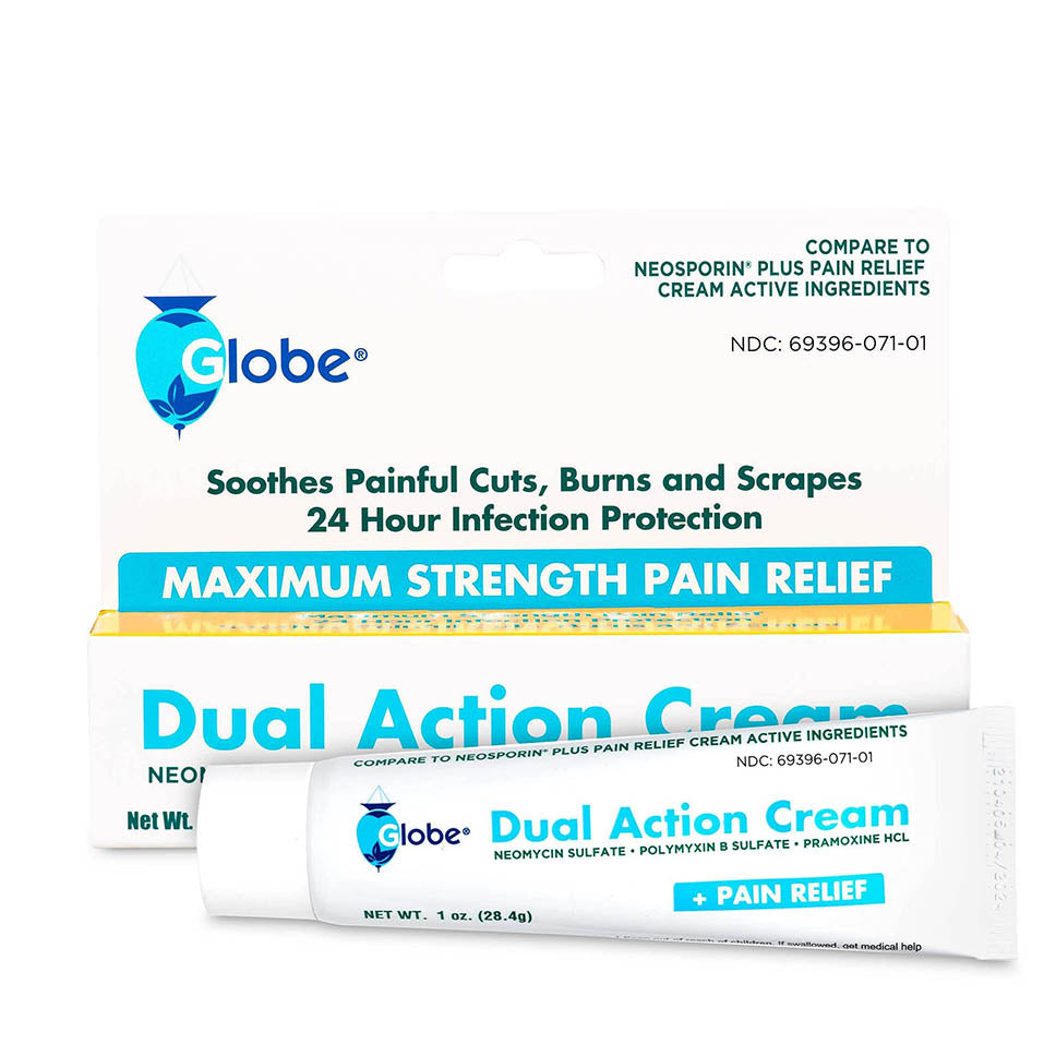 Globe Triple Antibiotic Cream with Neomycin, Polymyxin B, Pramoxine, Soothes Painful Cuts, Burns and Scrapes, 24 Hour Infection Protection (1 Tube)