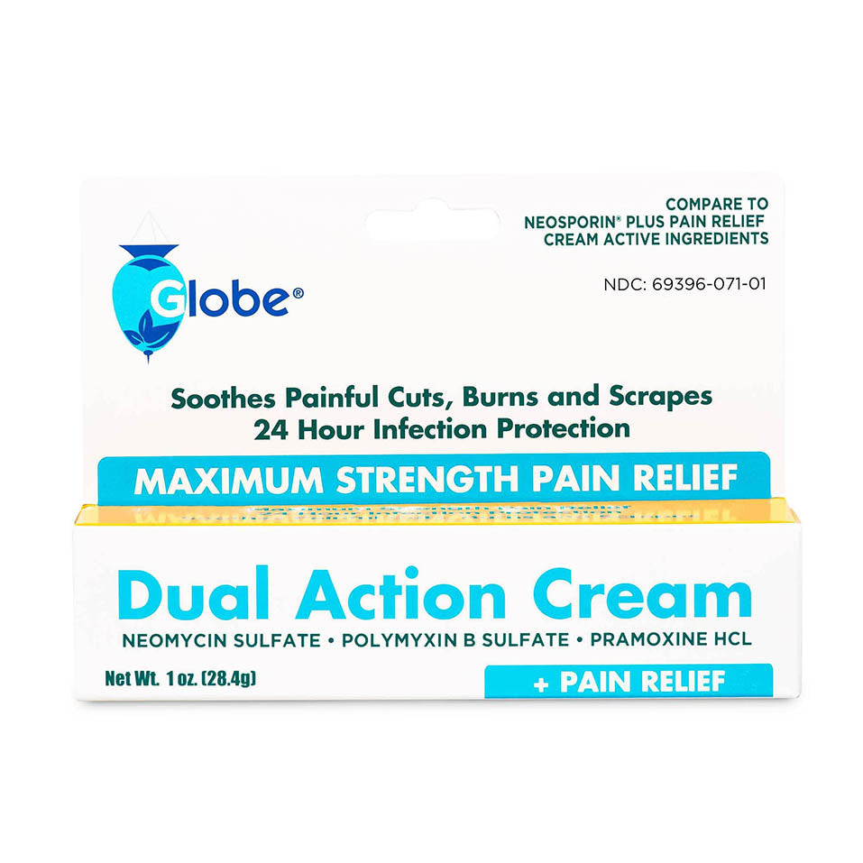 Globe Triple Antibiotic Cream with Neomycin, Polymyxin B, Pramoxine, Soothes Painful Cuts, Burns and Scrapes, 24 Hour Infection Protection (1 Tube)