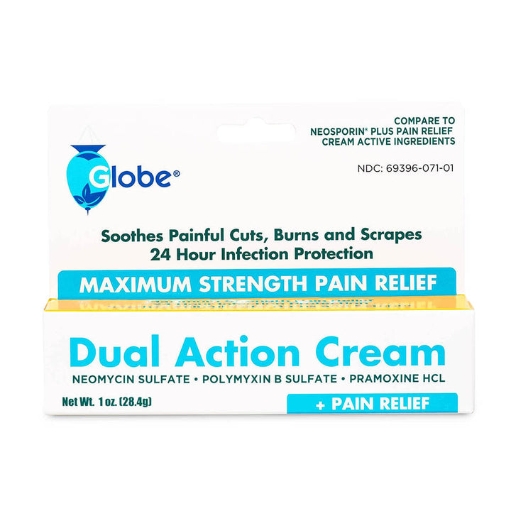 Globe Triple Antibiotic Cream with Neomycin, Polymyxin B, Pramoxine, Soothes Painful Cuts, Burns and Scrapes, 24 Hour Infection Protection (1 Tube)