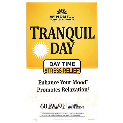 Windmill Health Products Natural Vitamins Tranquil Day, Day Time Stress Relief, Enhance Your Mood, Promotes Stress Relief, 60 Tablets, White and Yellow