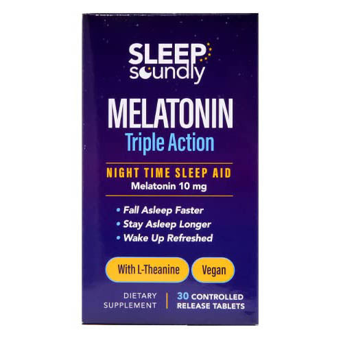 Sleep Soundly Melatonin Triple Action, with L-Theanine, Fall Asleep Faster, Wake Up Refreshed, 30 Tablets, 30 Servings