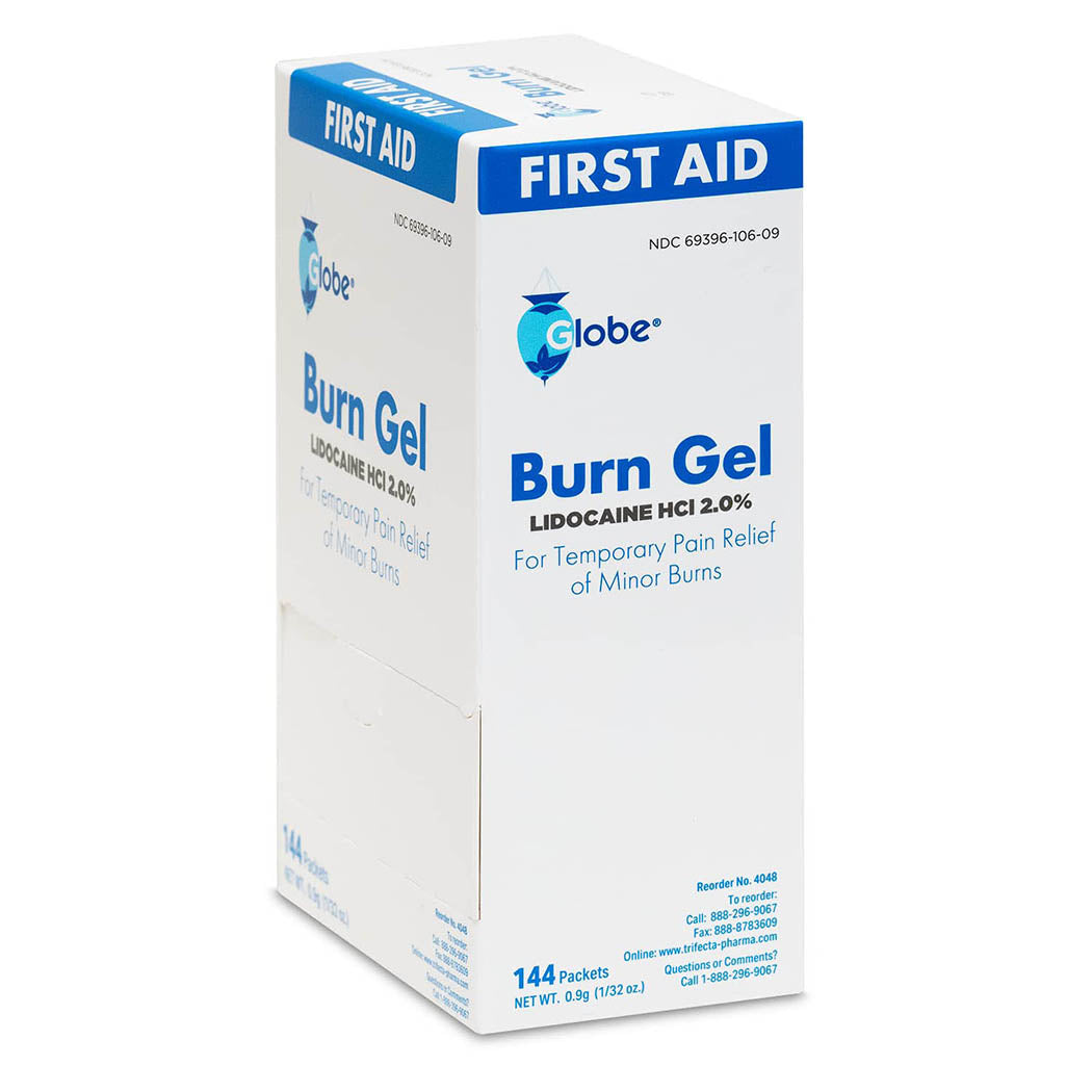 Globe First Aid Burn Gel with Aloe 0.9g Packets, (Box of 144) Advanced First Aid Gel for Temporary Relief of Minor Burns, Cuts, and Scrapes