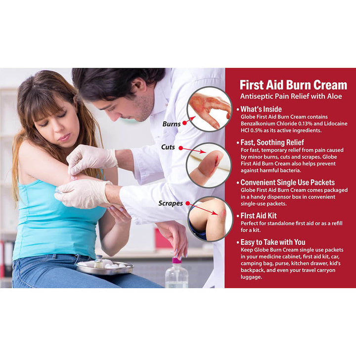 Globe First Aid Burn Cream 0.9g Packets, (Box of 144) Advanced First Aid Cream for Temporary Relief of Minor Burns, Cuts, and Scrapes