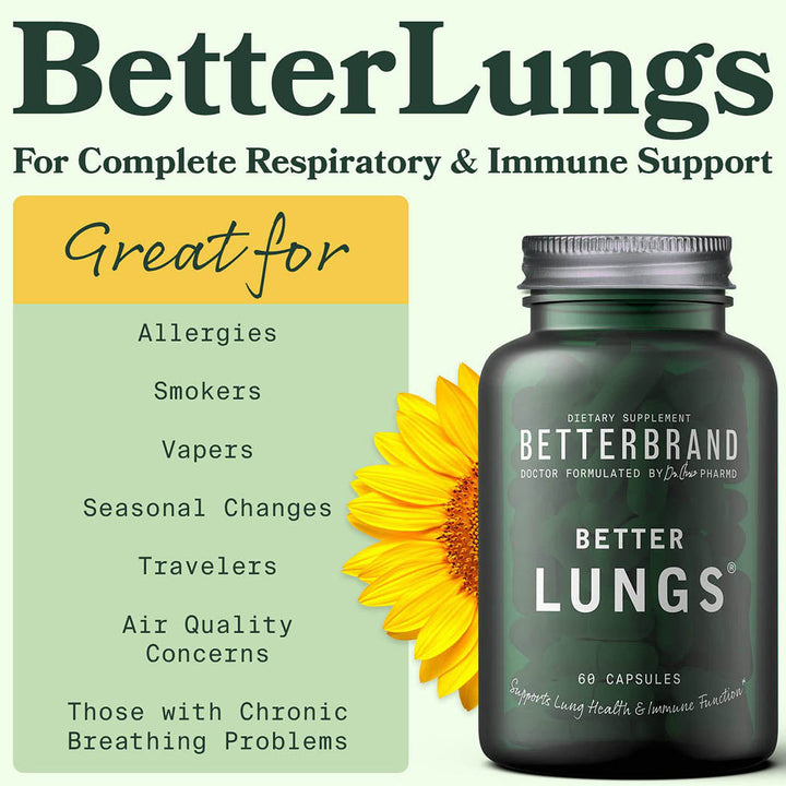 Betterbrand BetterLungs Daily Respiratory Health Supplement (60 Capsules) | with Vitamin D, Elderberry, Ginseng, Mullein, and Reishi Mushroom | for Lung Health, Allergy, Sinus, and Mucus Relief