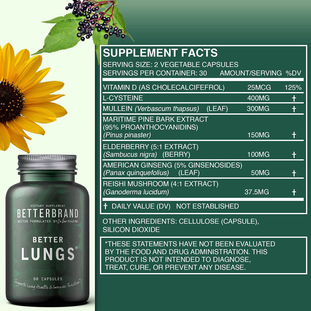 Betterbrand BetterLungs Daily Respiratory Health Supplement (60 Capsules) | with Vitamin D, Elderberry, Ginseng, Mullein, and Reishi Mushroom | for Lung Health, Allergy, Sinus, and Mucus Relief