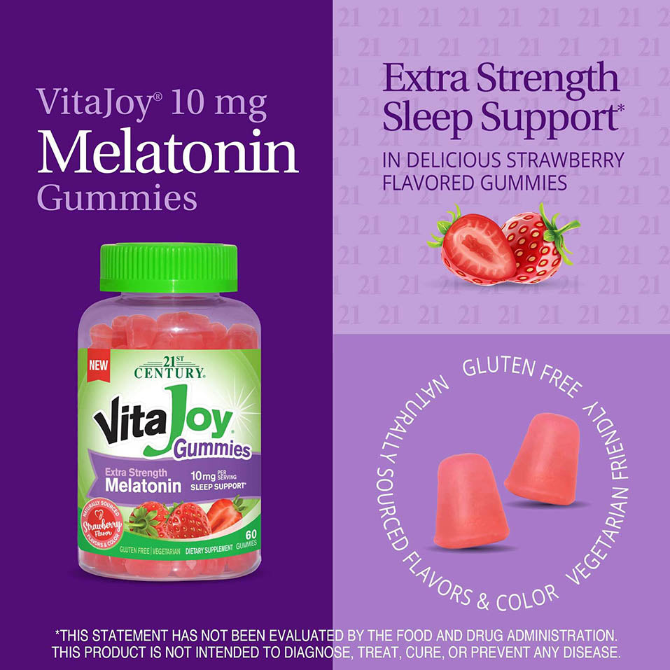 21st Century HealthCare VitaJoy Extra Strength Melatonin 10 mg Gummies, Strawberry, 60 Count, Red