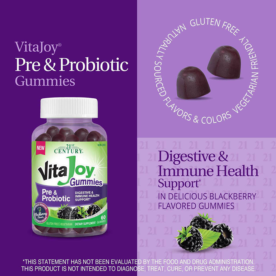 21st Century HealthCare VitaJoy Pre & Probiotic Gummies, BlackBerry, 60 Count, Purple