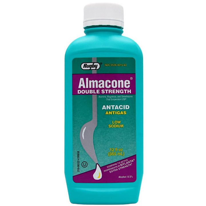 Rugby Almacone Double Strength Antacid Antigas Alumina Magnesia Simethicone Oral Suspension USP - 12 Fl Oz