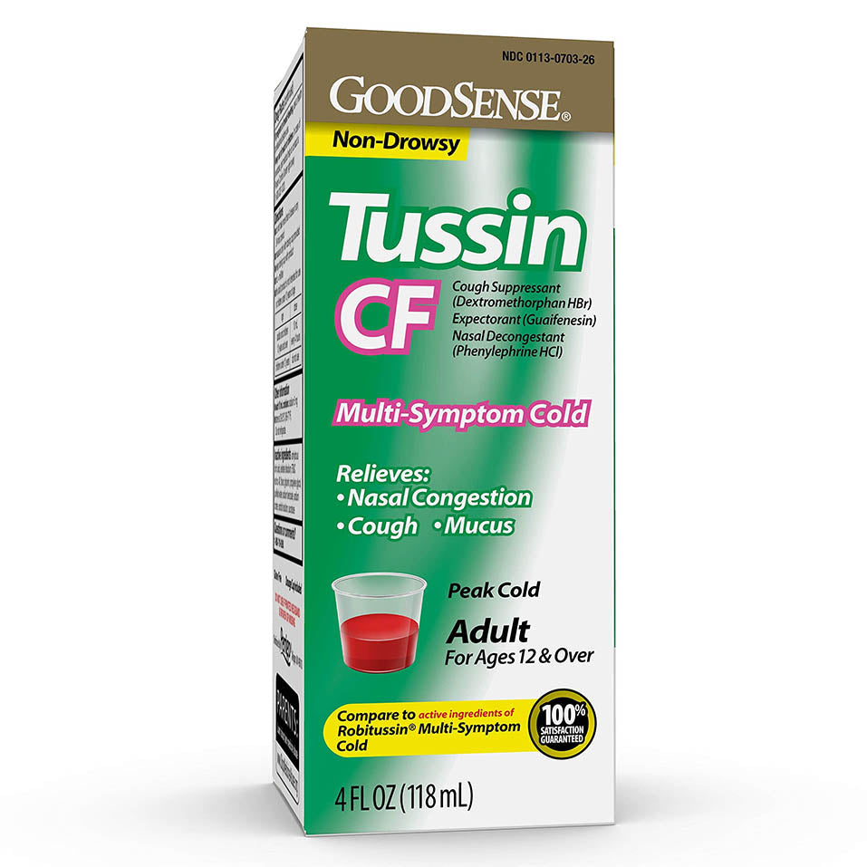 GoodSense Tussin Cough & Cold, Wild Cherry Flavor; Multi-Symptom Cold Medicine Relieves Cough, Nasal Congestion and Chest Congestion, 4 Fluid Ounces