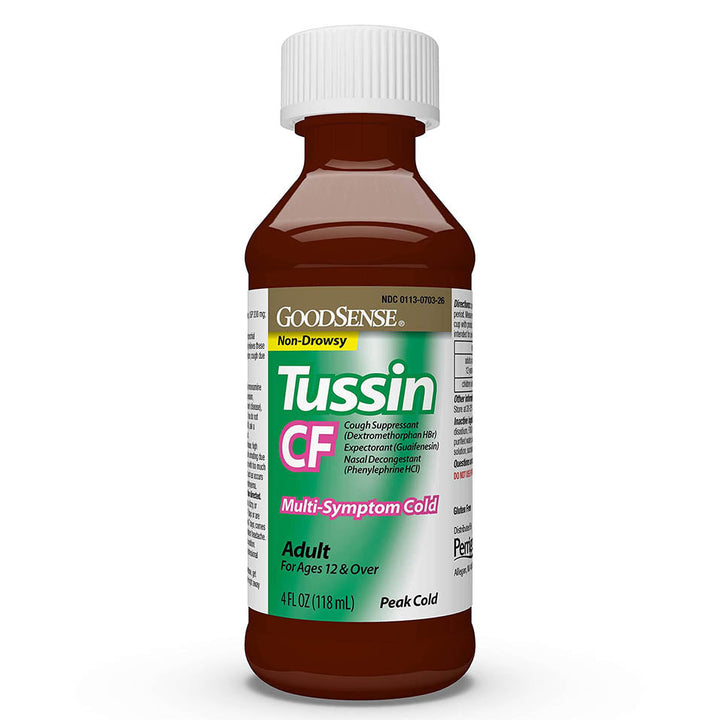 GoodSense Tussin Cough & Cold, Wild Cherry Flavor; Multi-Symptom Cold Medicine Relieves Cough, Nasal Congestion and Chest Congestion, 4 Fluid Ounces