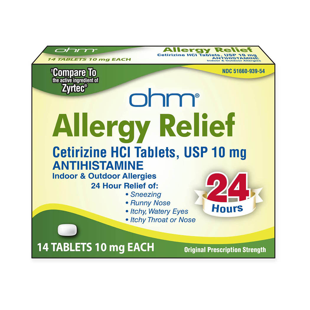 Ohm 24-Hour Allergy Medicine (14-Count) Antihistamine for Pollen, Hay Fever, Dry, Itchy Eyes, Allergies | Cetirizine HCl 10mg Tablets