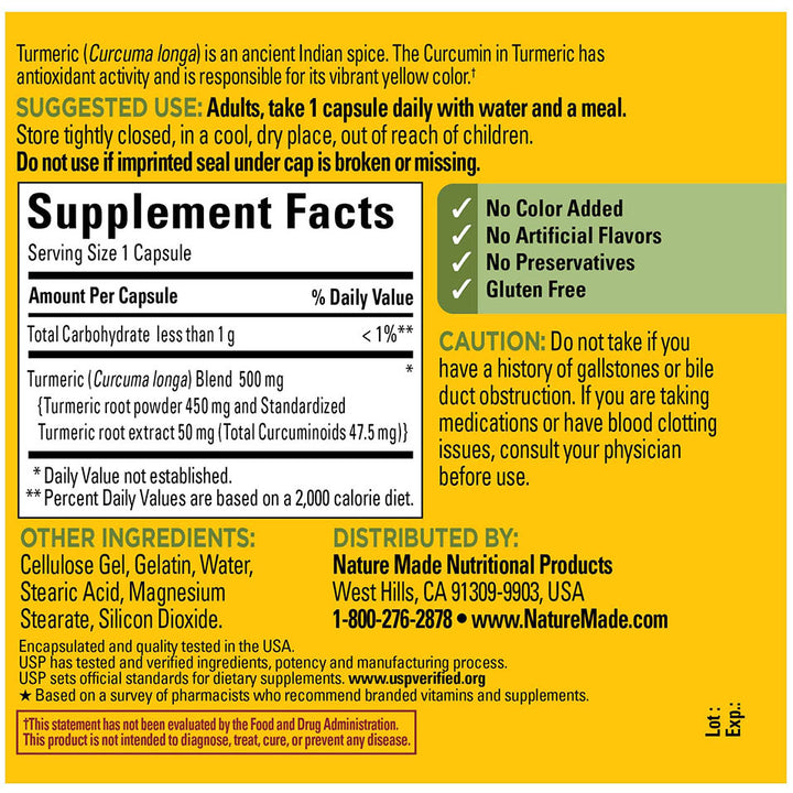 Nature Made Turmeric Curcumin 500 mg, Herbal Supplement for Antioxidant Support, 120 Capsules, 120 Day Supply