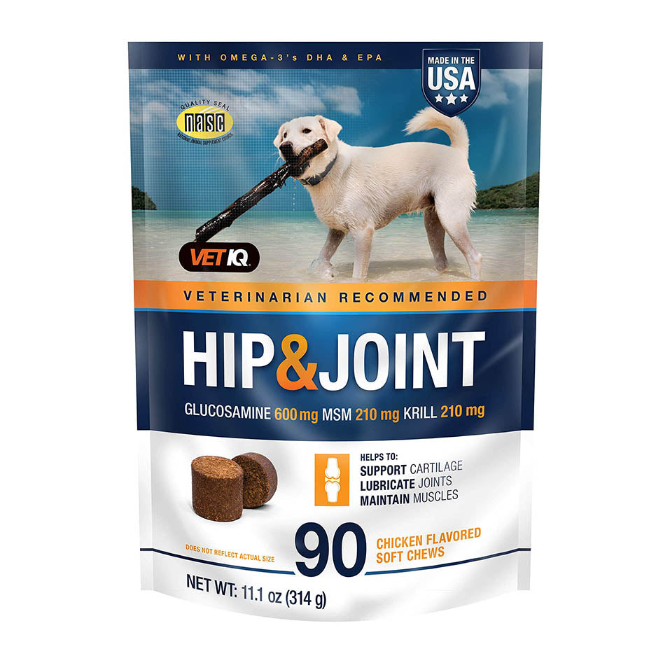 VetIQ Hip & Joint Supplement for Dogs, Anti Inflammatory Joint Support, Glucosamine, MSM, and Krill, Chicken Flavored Soft Chews, 90 Count