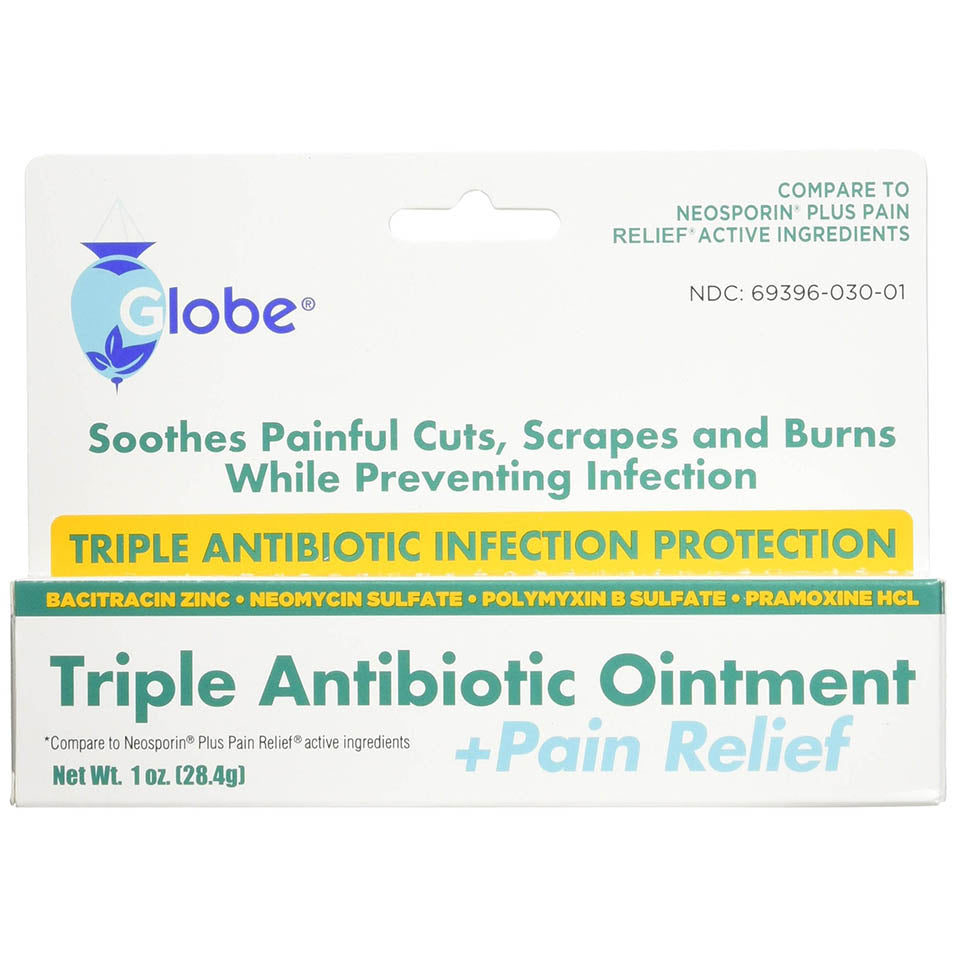 Globe Triple Antibiotic + Pain Relief Dual Action Ointment 1oz | First Aid Antibiotic | Soothes Pain, Cuts, Burns and Scrapes | 24 Hour Infection Protection (1 Tube)