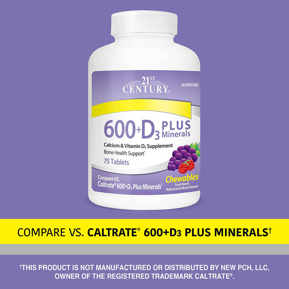 21st Century Vitamins Calcium 600 mg + D Chewables, Fruit Punch, 75 ct