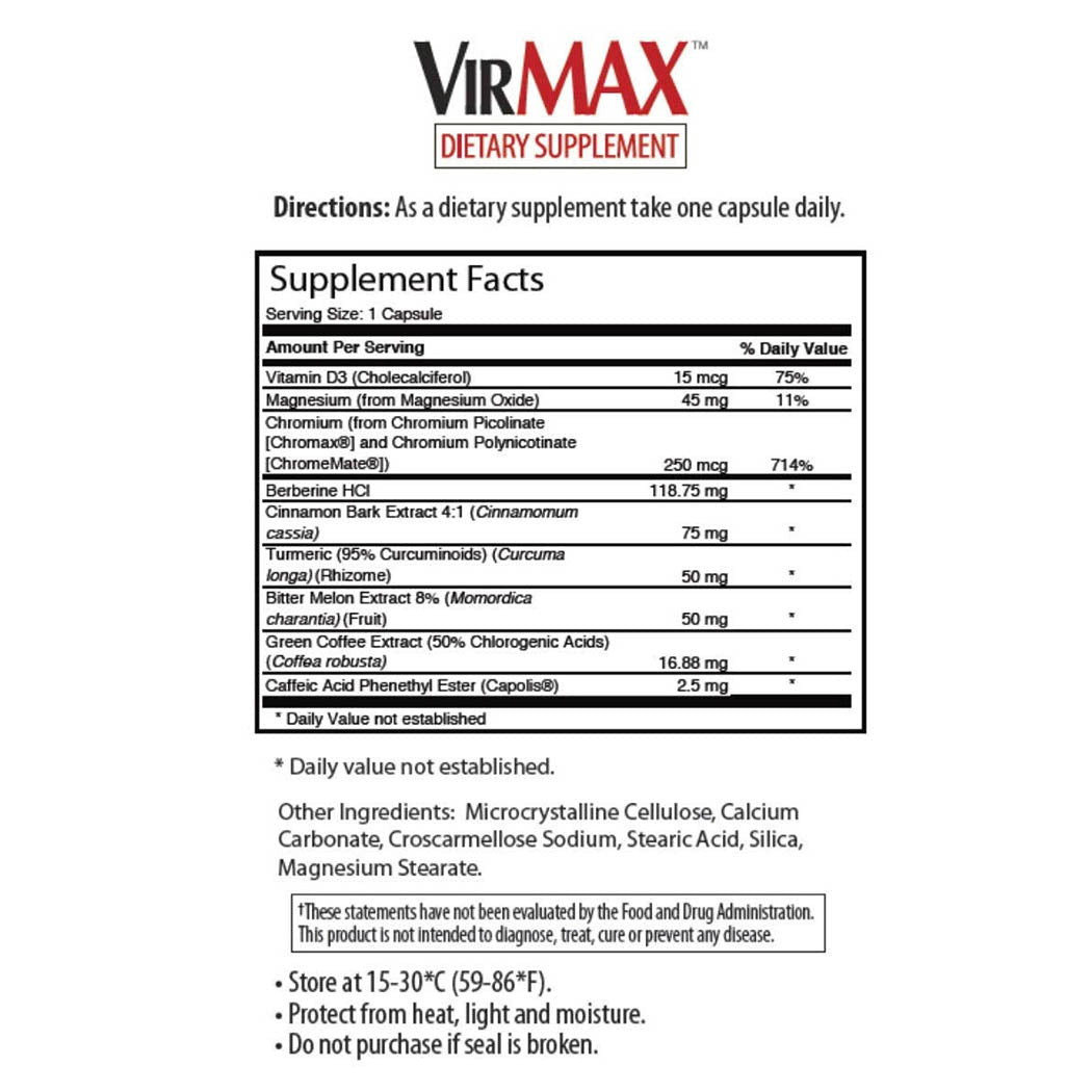 VirMAX Blood Sugar Stabilization Formula, Blood Sugar Control, Glucose Tolerance, Daily Supplement, 30 Capsules