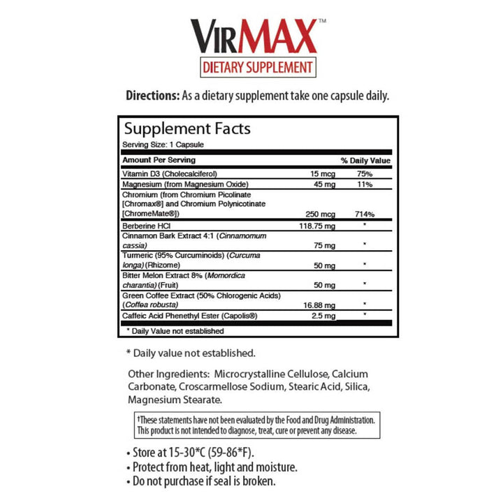 VirMAX Blood Sugar Stabilization Formula, Blood Sugar Control, Glucose Tolerance, Daily Supplement, 30 Capsules