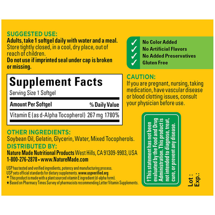 Nature Made Vitamin E 267 mg (400 IU) d-Alpha, Dietary Supplement for Antioxidant Support, 100 Softgels, 100 Day Supply