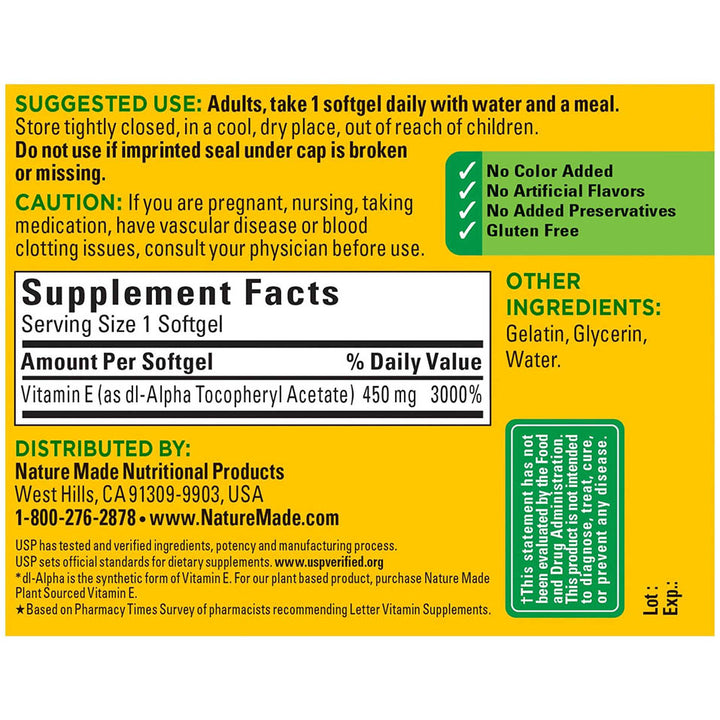 Nature Made Vitamin E 1000 IU (dl-Alpha) Softgels 60 Ct