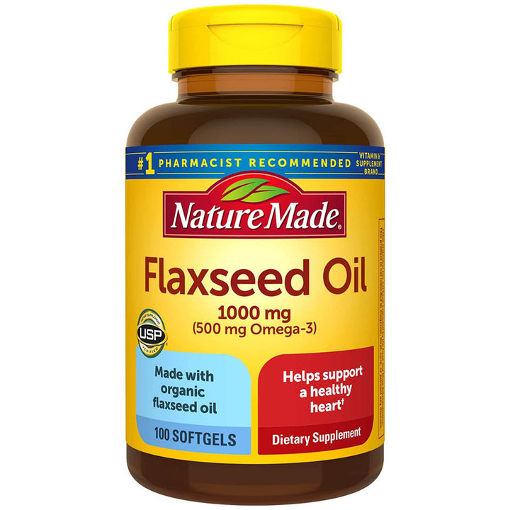 Nature Made Flaxseed Oil 1000 mg, Fish Free Omega 3 Supplement, Dietary Supplement for Heart Health Support, 100 Softgels, 100 Day Supply