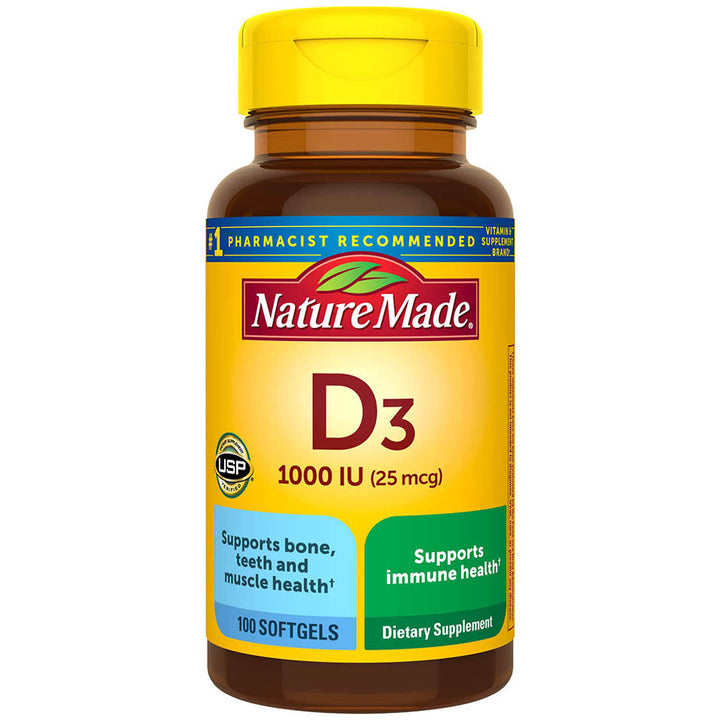 Nature Made Vitamin D3 1000 IU (25 mcg), Dietary Supplement for Bone, Teeth, Muscle and Immune Health Support, 100 Softgels, 100 Day Supply