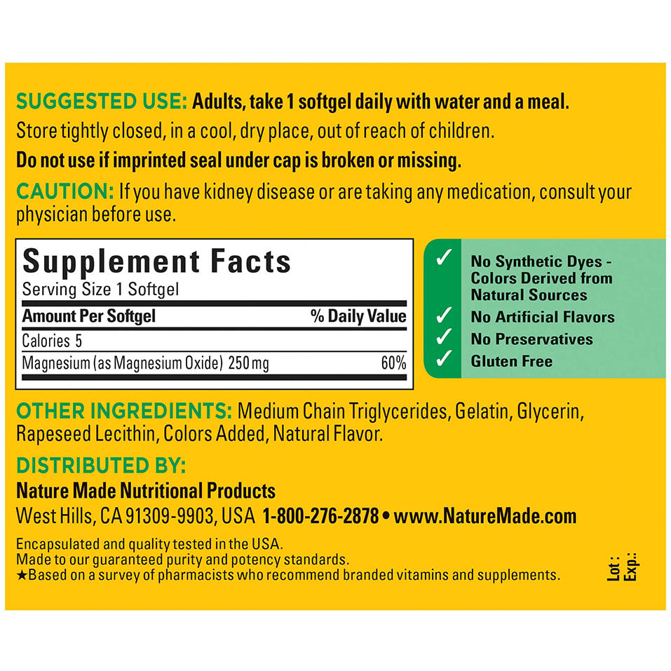 Nature Made Magnesium 250 mg, Dietary Supplement for Muscle, Heart, Bone and Nerve Support, 90 Softgels, 90 Day Supply