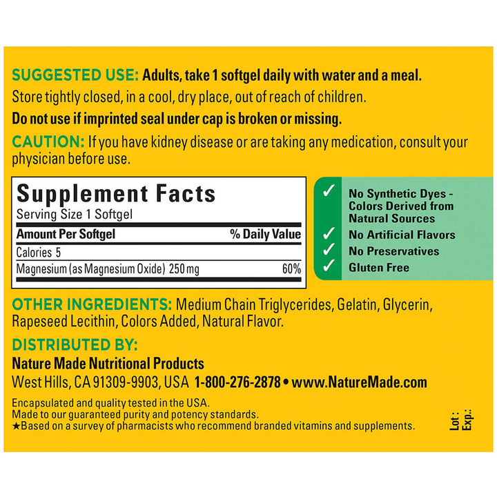 Nature Made Magnesium 250 mg, Dietary Supplement for Muscle, Heart, Bone and Nerve Support, 90 Softgels, 90 Day Supply