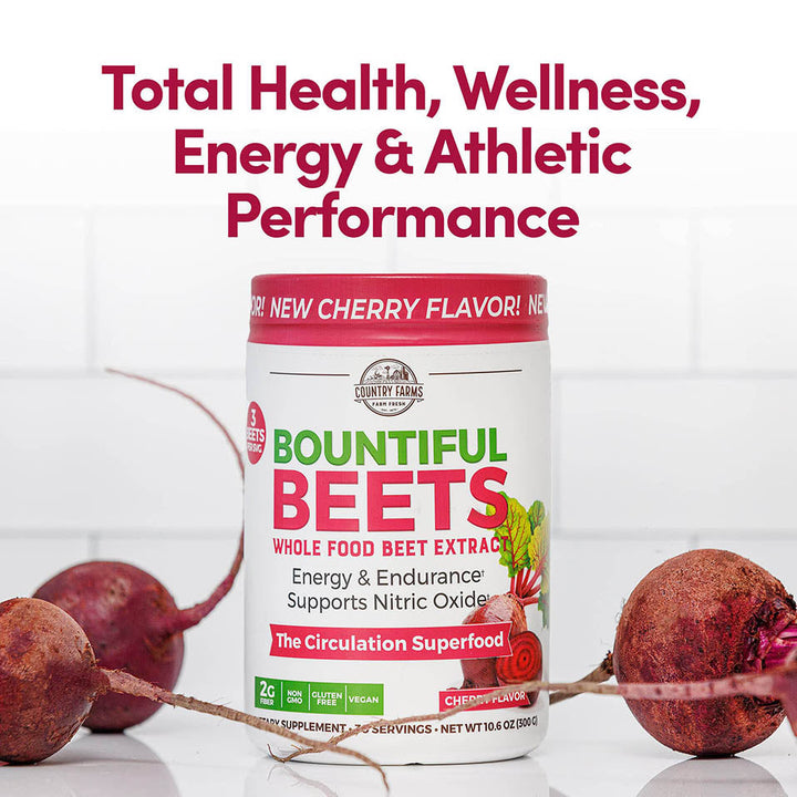 Country Farms Bountiful Beets, Wholefood Beet Extract Superfood, Helps Support Healthy Circulation And Promote Energy, Nitric Oxide Boost, Super Beets, Cherry Flavor, 30 Servings