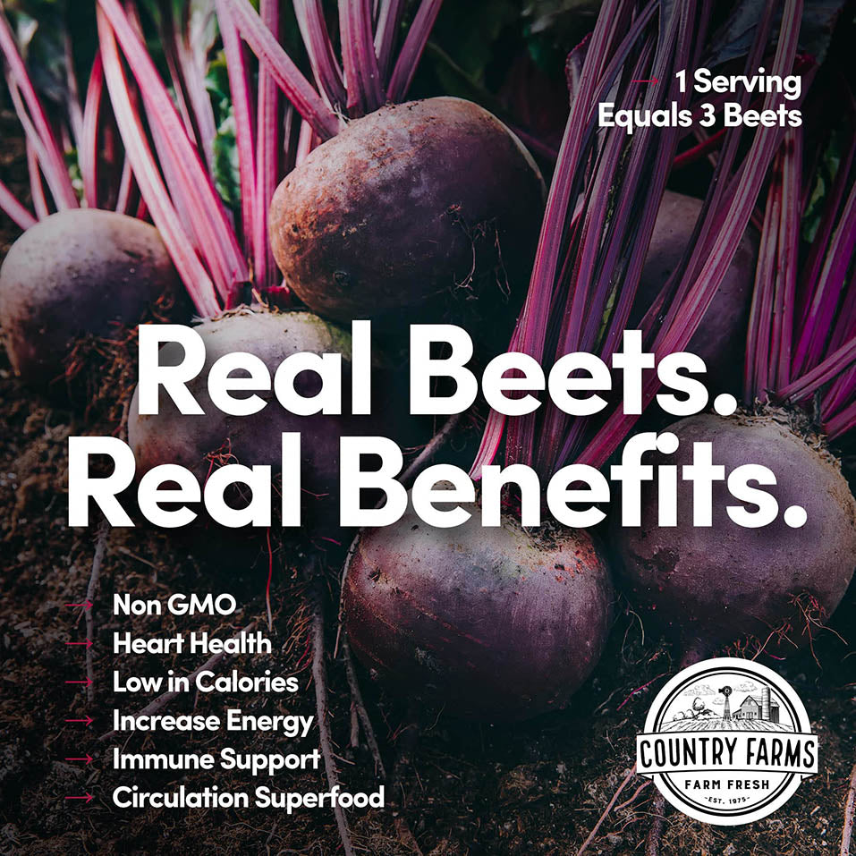 Country Farms Bountiful Beets, Wholefood Beet Extract Superfood, Helps Support Healthy Circulation And Promote Energy, Nitric Oxide Boost, Super Beets, Cherry Flavor, 30 Servings