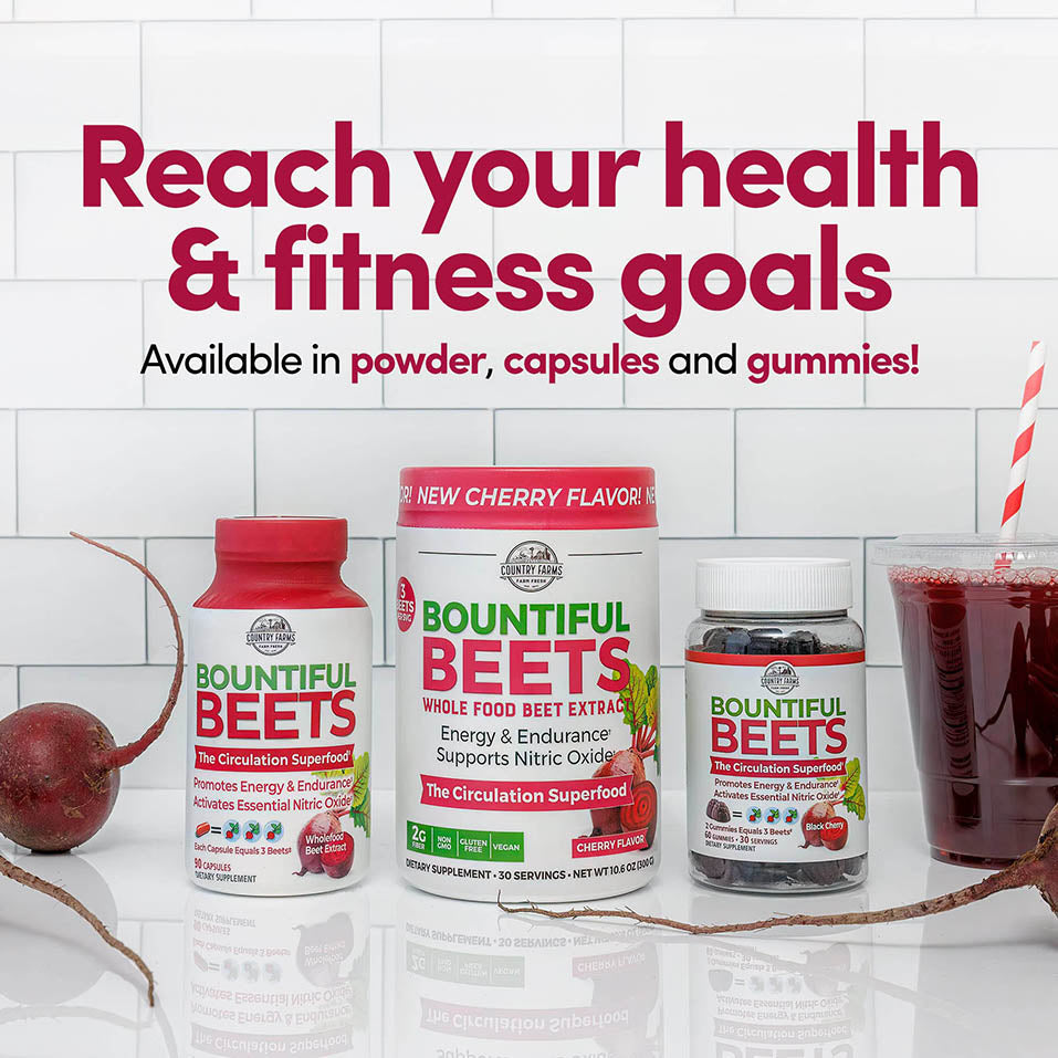 Country Farms Bountiful Beets, Wholefood Beet Extract Superfood, Helps Support Healthy Circulation And Promote Energy, Nitric Oxide Boost, Super Beets, Cherry Flavor, 30 Servings