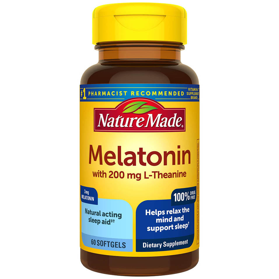 Nature Made Melatonin 3 mg with L-Theanine 200 mg, Dietary Supplement for Restful Sleep, Softgel, 60 Count (Pack of 1) - Packaging May Vary