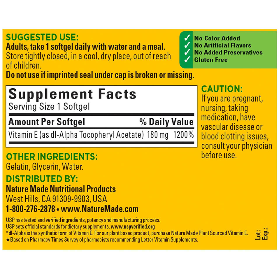 Nature Made Vitamin E 180 mg (400 IU) dl-Alpha, Dietary Supplement for Antioxidant Support, 180 Softgels, 180 Day Supply