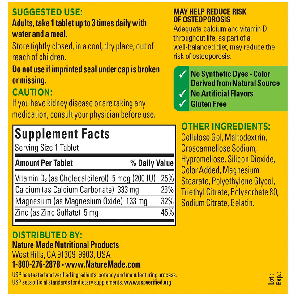 Nature Made Calcium, Magnesium Oxide, Zinc with Vitamin D3 helps support Bone Strength, Tablets, 300 Count