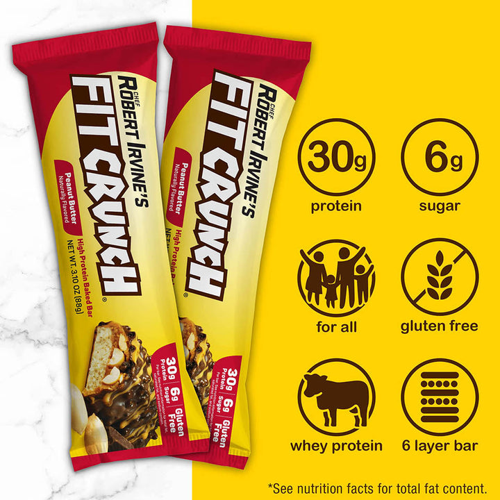 FITCRUNCH Full Size Protein Bars, Designed by Robert Irvine, 6-Layer Baked Bar, 6g of Sugar, Gluten Free & Soft Cake Core (Peanut Butter)