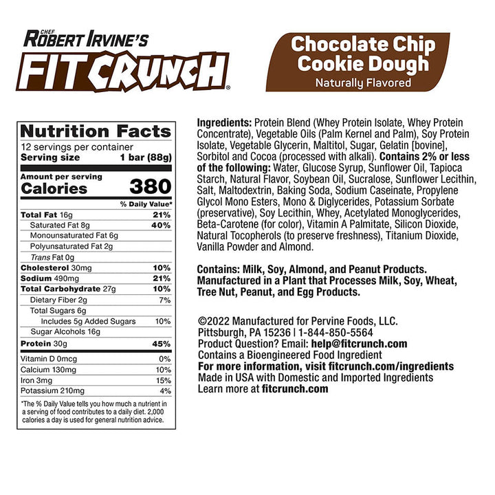 FITCRUNCH Full Size Protein Bars, Designed by Robert Irvine, 6-Layer Baked Bar, 6g of Sugar, Gluten Free & Soft Cake Core (Chocolate Chip Cookie Dough)