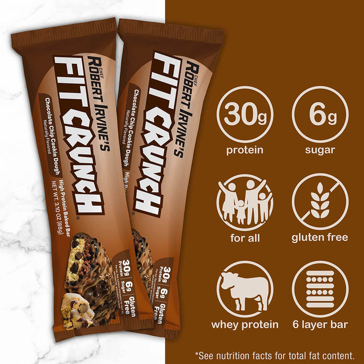 FITCRUNCH Full Size Protein Bars, Designed by Robert Irvine, 6-Layer Baked Bar, 6g of Sugar, Gluten Free & Soft Cake Core (Chocolate Chip Cookie Dough)