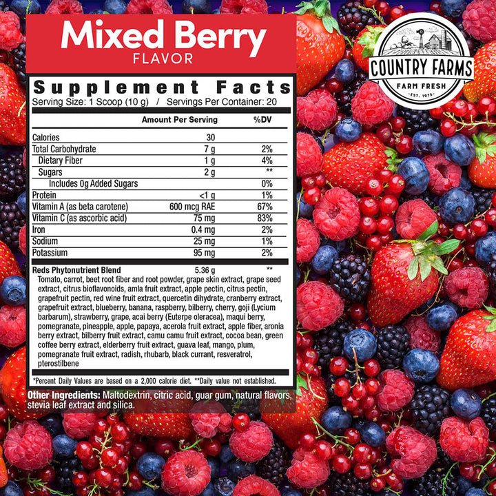 Country Farms Super Reds, Energizing Polyphenol Superfood, 48 Super Fruits and Berries, Powerful Antioxidants and Polyphenols, Supports Energy, 20 Servings, Mixed Berry Flavor