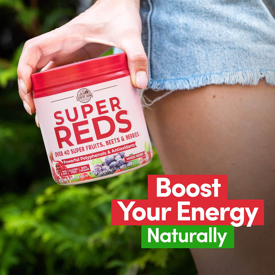 Country Farms Super Reds, Energizing Polyphenol Superfood, 48 Super Fruits and Berries, Powerful Antioxidants and Polyphenols, Supports Energy, 20 Servings, Mixed Berry Flavor