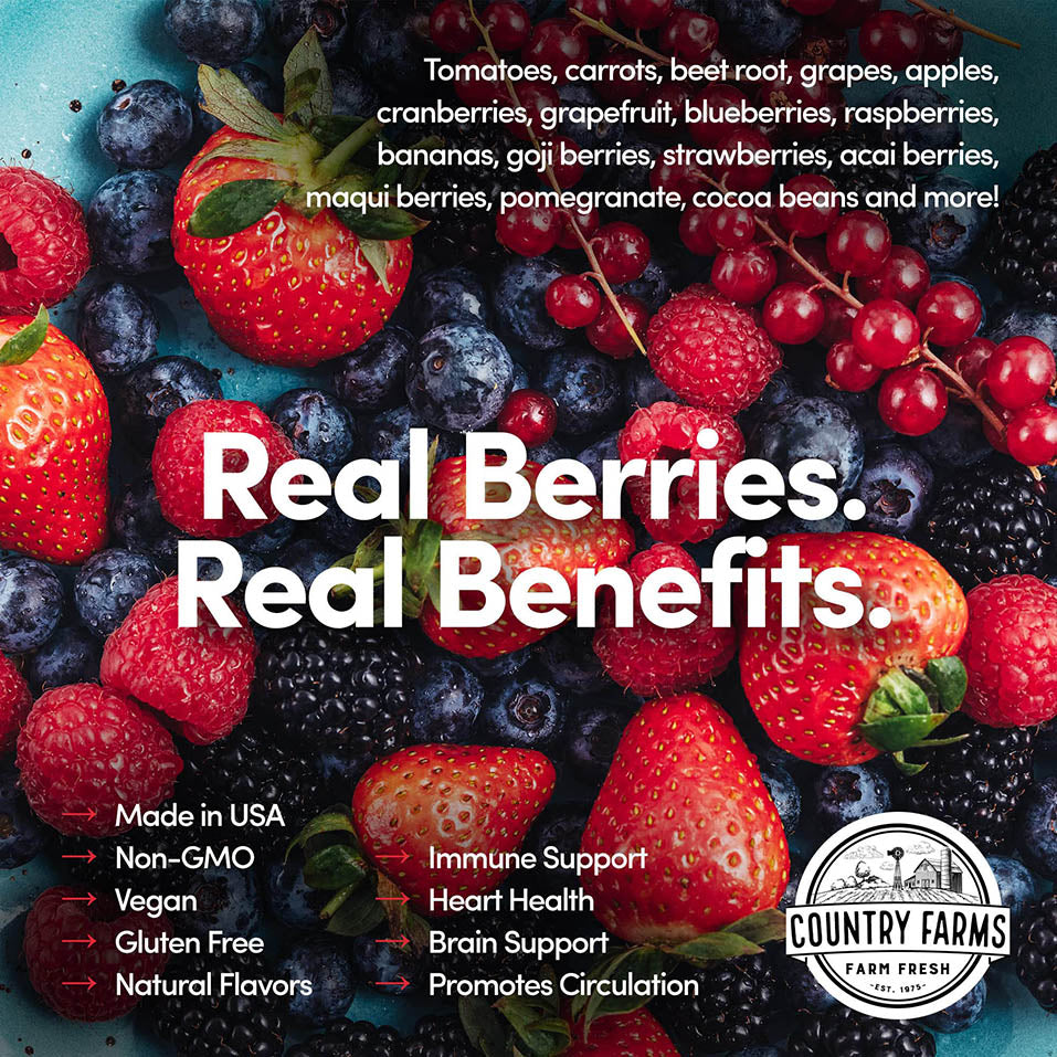 Country Farms Super Reds, Energizing Polyphenol Superfood, 48 Super Fruits and Berries, Powerful Antioxidants and Polyphenols, Supports Energy, 20 Servings, Mixed Berry Flavor