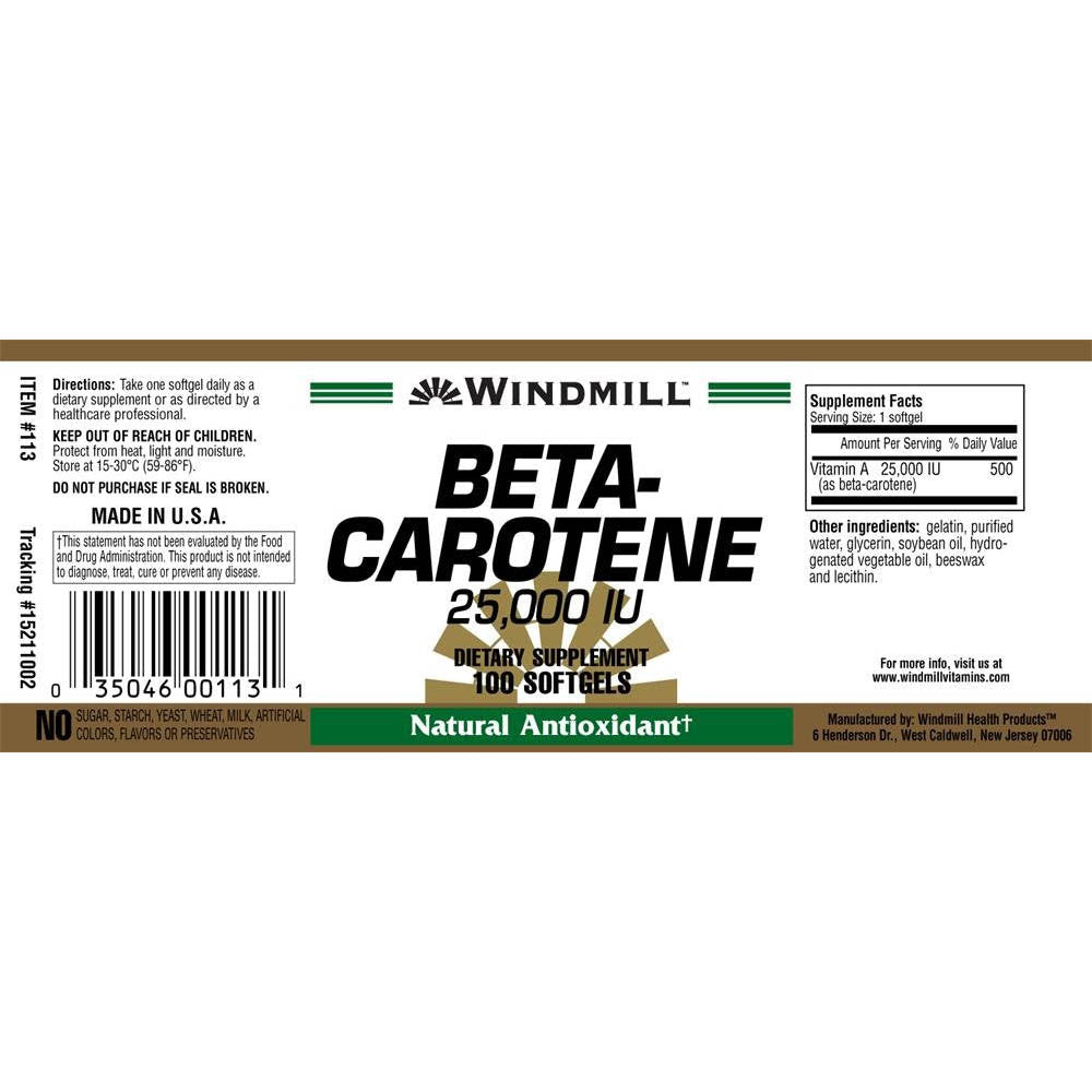 Beta Carotene 25, 000 MU softgels by Windmill - 100 ea