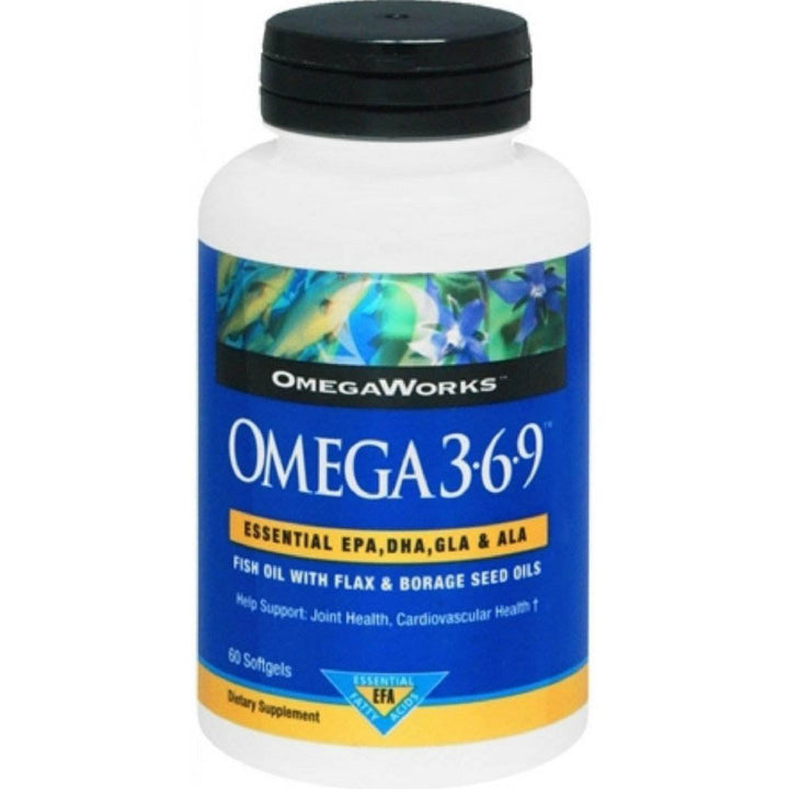 OmegaWorks Omega 3-6-9, Essential EPA/DHA/GLA/ALA Fatty Acids, Healthy Joints, 60 softgels, 20 servings