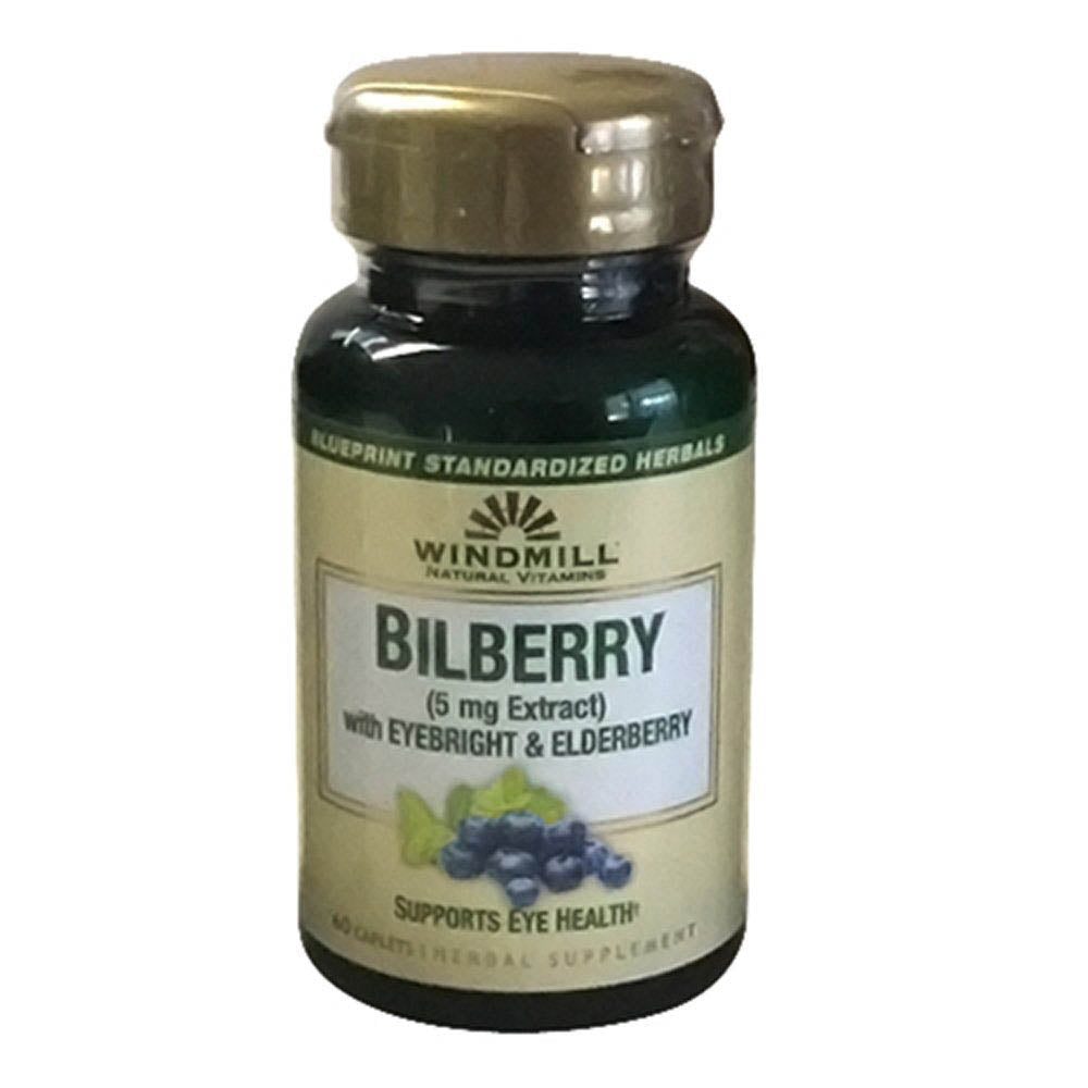 Windmill Bilberry 5 mg Extract Caplets, With Eyebright & Elderberry Supports Eye health, 60 Ea