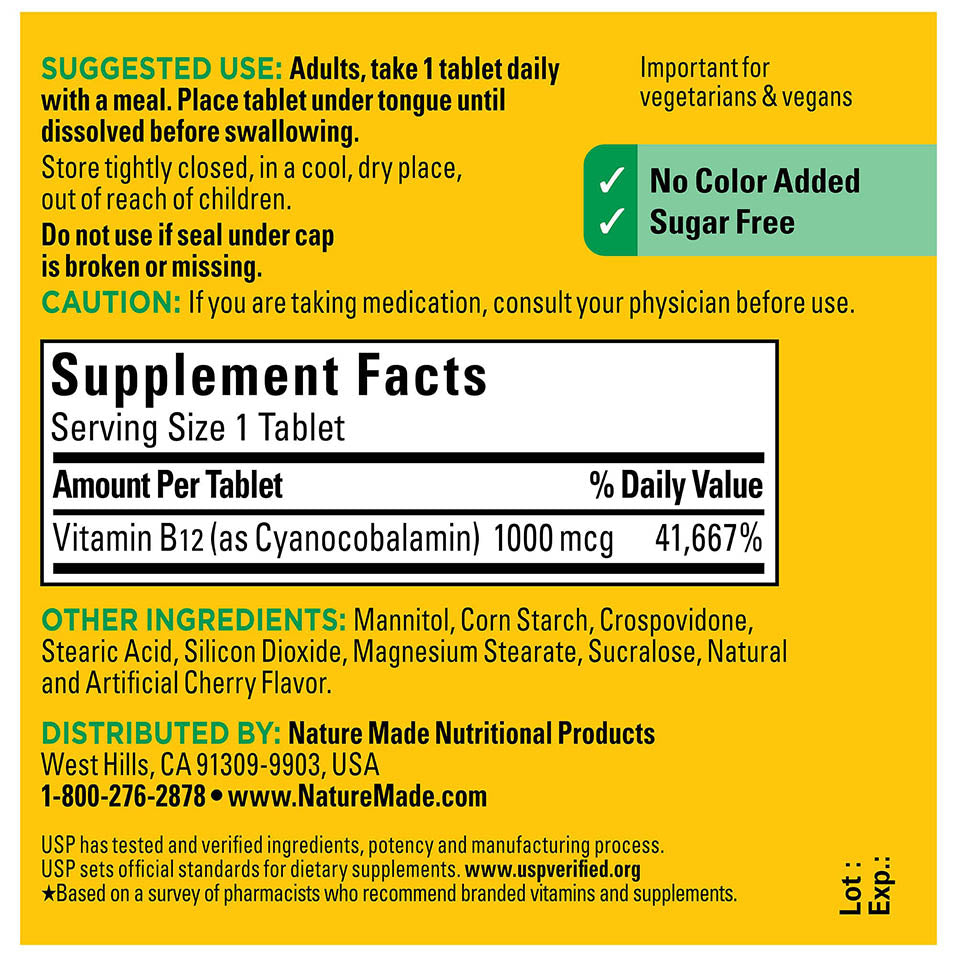 Nature Made Vitamin B12 1000 mcg, Easy to Take Sublingual B12 for Energy Metabolism Support, 50 Sugar Free Fast Dissolve Tablets, 50 Day Supply